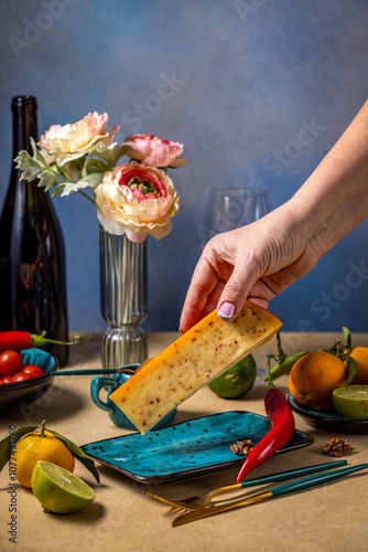 Woman placing piece of gourmet cheese on elegant plate for romantic dinner