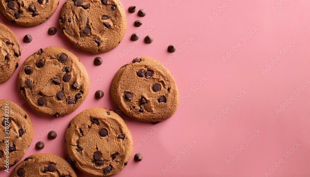 chocolate chip cookies on a pink background top view chocolate chip cookies on a pink background top view