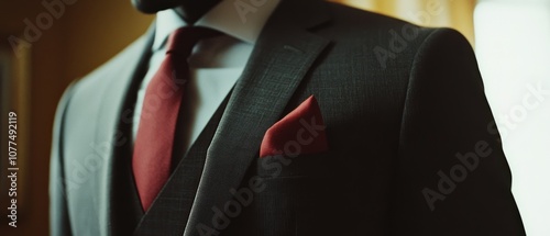 A man in a sharp suit with a red tie and pocket square stands poised, exuding elegance, confidence, and classic style. photo