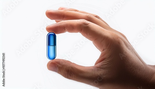 a hand holding a blue capsule or tablet on a white background