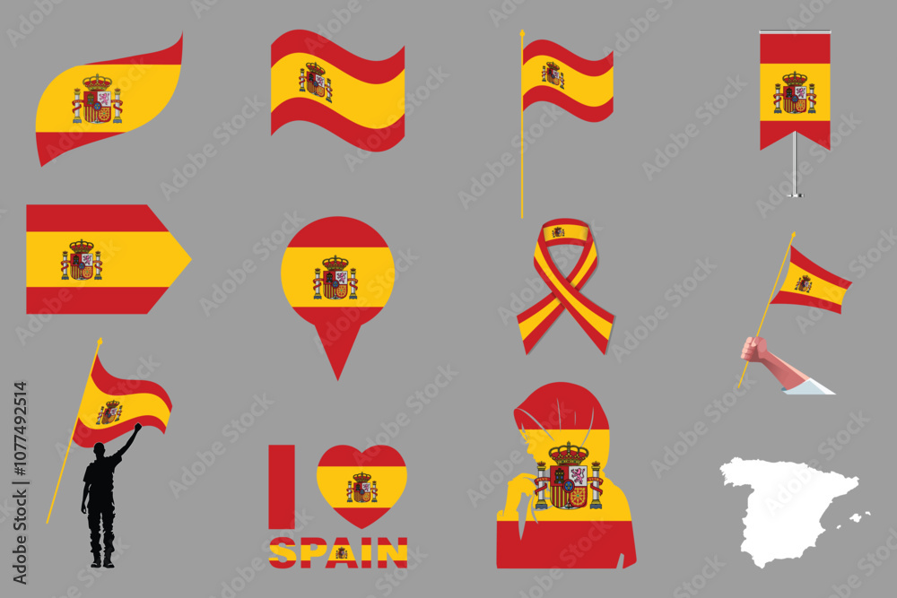 Fototapeta premium Flag of Spain Set, Original and simple Spain flag Bundle, vector illustration of Spain flag Collection