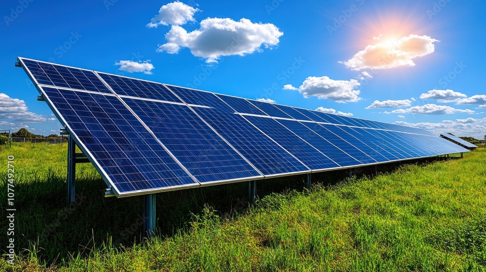 Solar panels in a field with a bright blue sky. Solar panels in a field with a bright blue sky.