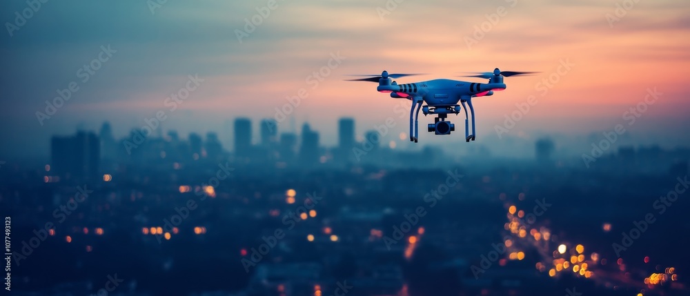A drone hovers serenely against a twilight city skyline, highlighting technological advancement and modern exploration. A drone hovers serenely against a twilight city skyline, highlighting technological advancement and modern exploration.