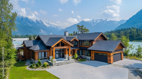Idaho riverside lodge with Sawtooth Mountain views and private forest, contemporary timber estate near Sun Valley photo