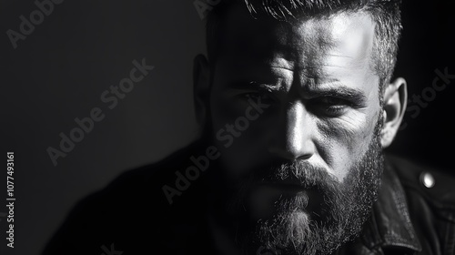 A portrait of a man with a distinctive beard face in black and white