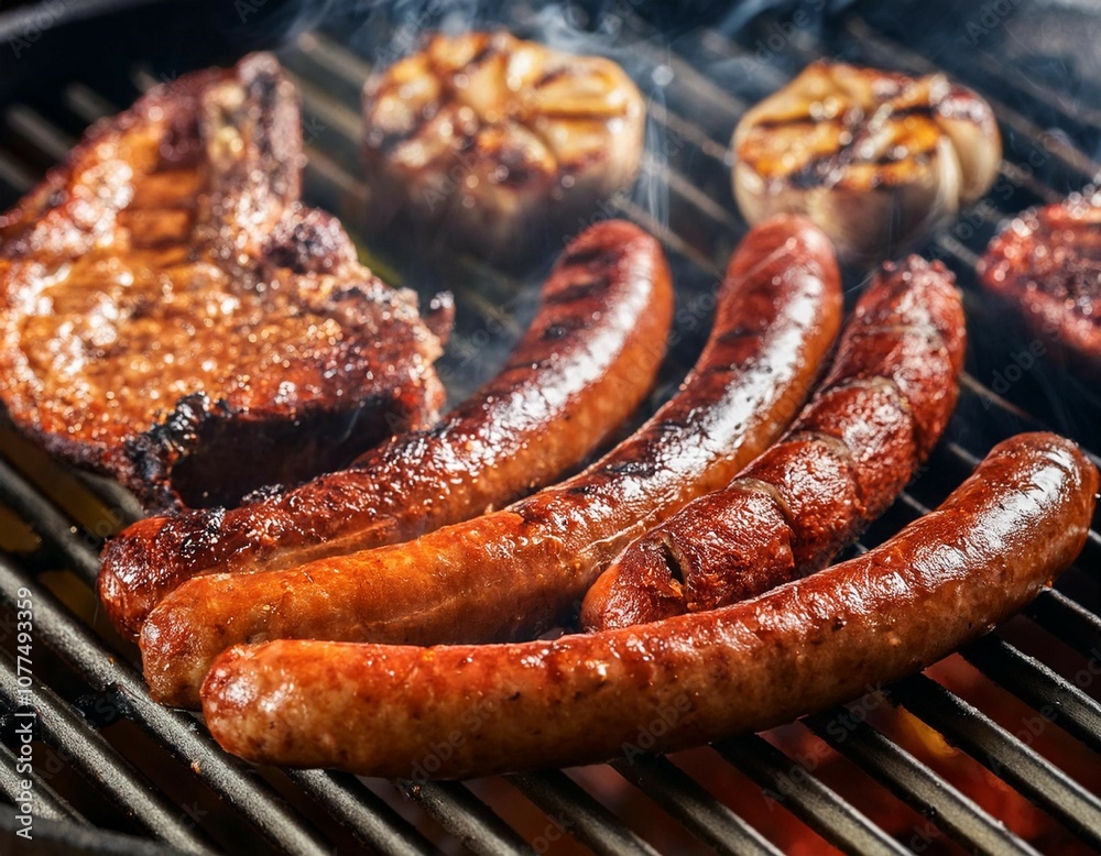 close up of grilling sausages and meat on a barbecue close up of grilling sausages and meat on a barbecue