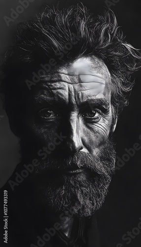 A portrait of a man with a distinctive beard face in black and white