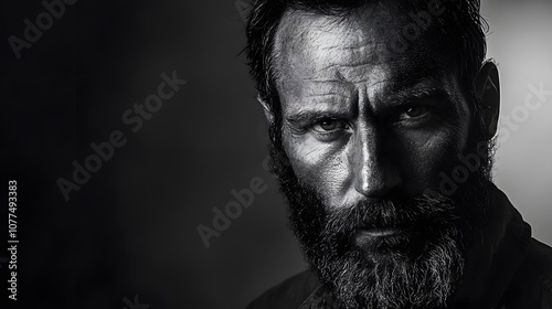 A portrait of a man with a distinctive beard face in black and white