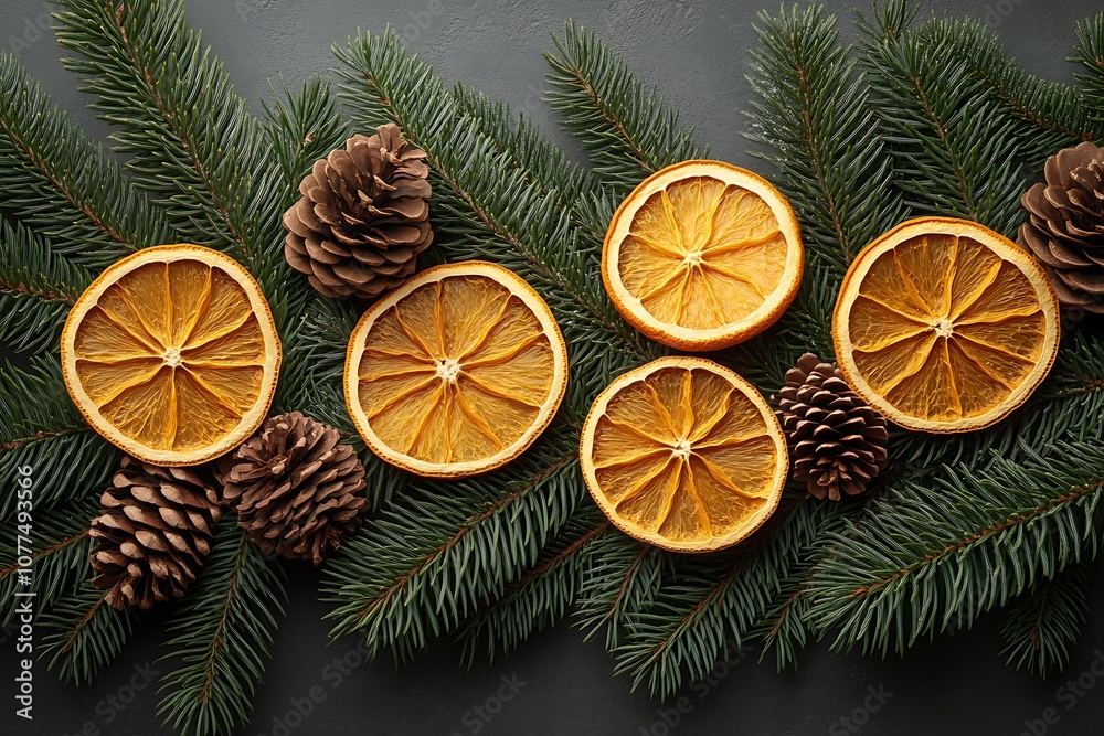 Christmas still life with dried oranges, pine cones and fir branches Christmas still life with dried oranges, pine cones and fir branches