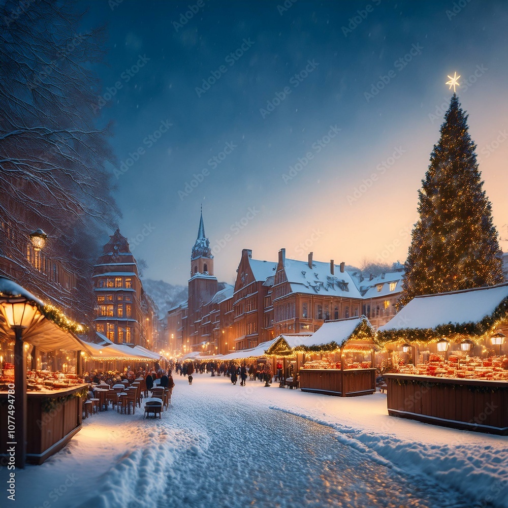 Obraz premium Versatile backgrounds such as snowy landscapes, festive cityscapes, cozy interiors with fireplaces, and bustling Christmas markets with out people
