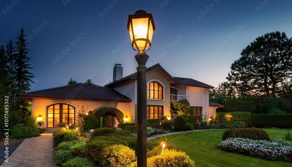a lamp post is lit up in front of a house with a beautiful garden a lamp post is lit up in front of a house with a beautiful garden