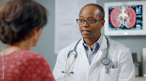 A patient and doctor discussing kidney resection with anatomical models highlighting treatment goals and expected outcomes. photo