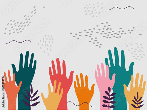 Human Rights Day. Stop racism. Hands. Vector set of silhouettes raised up different hands. Teamwork, collaboration, voting, volunteering