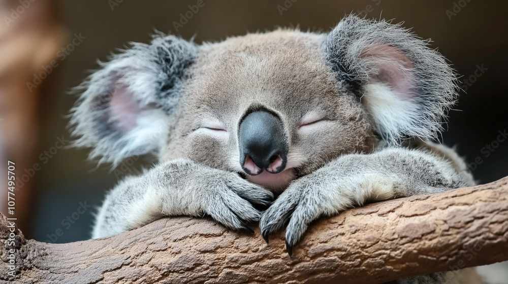 Obraz premium Close-up of a sleeping koala resting on a tree branch with its eyes closed and paws crossed.