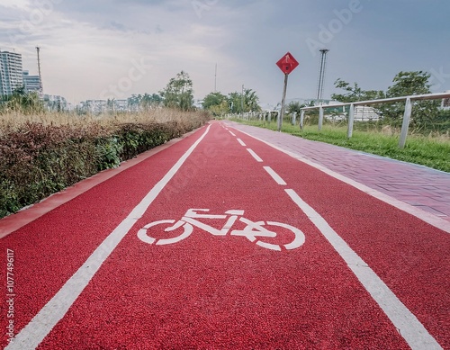 The bicycle path at Kasetsart University, surrounded by a shady and natural green atmosphere. photo