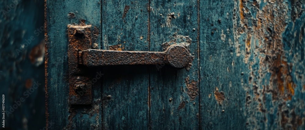 A rusted door handle on a peeling blue surface speaks of history and weathering, with intricate textures revealing its vintage charm. A rusted door handle on a peeling blue surface speaks of history and weathering, with intricate textures revealing its vintage charm.