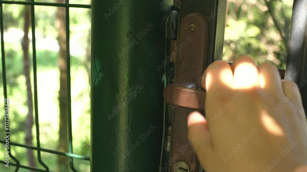 hand trying to open a garden gate, secret garden, summer, sunny day, closed gate hand trying to open a garden gate, secret garden, summer, sunny day, closed gate