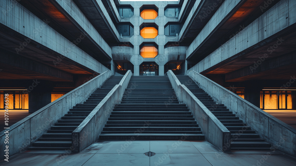 Fototapeta premium Symmetrical concrete architecture with modern staircases and glowing orange windows, captured at dusk