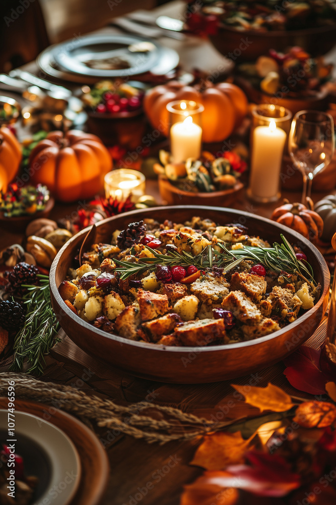 thanksgiving stuffing with rosemary on decorated table thanksgiving stuffing with rosemary on decorated table
