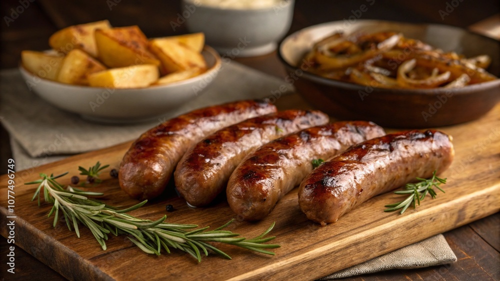 Grilled sausages served on a rustic wooden board garnished with fresh rosemary, accompanied by roasted potatoes and caramelized onions. A hearty meal showcasing classic comfort food.
Grilled sausages served on a rustic wooden board garnished with fresh rosemary, accompanied by roasted potatoes and caramelized onions. A hearty meal showcasing classic comfort food.