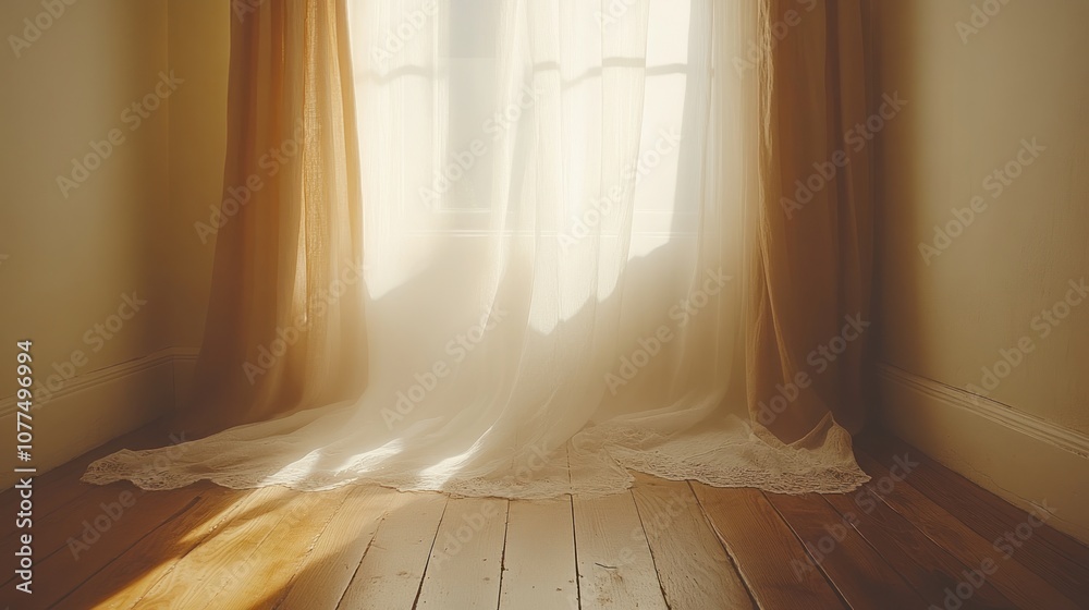 Sunlight streaming through a window with white curtains in a room with wooden floors. Sunlight streaming through a window with white curtains in a room with wooden floors.