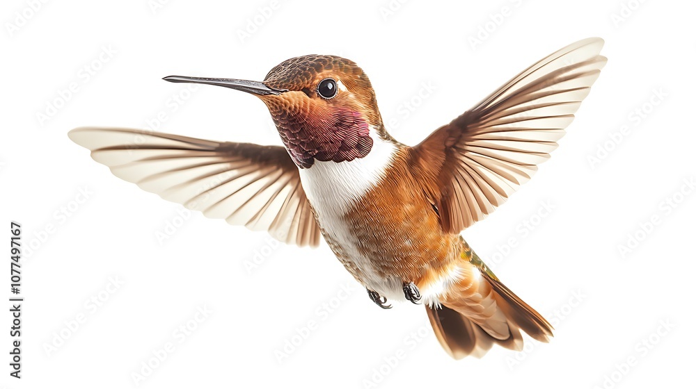 Fototapeta premium Stunning rufous hummingbird male with shimmering feathers on light background.