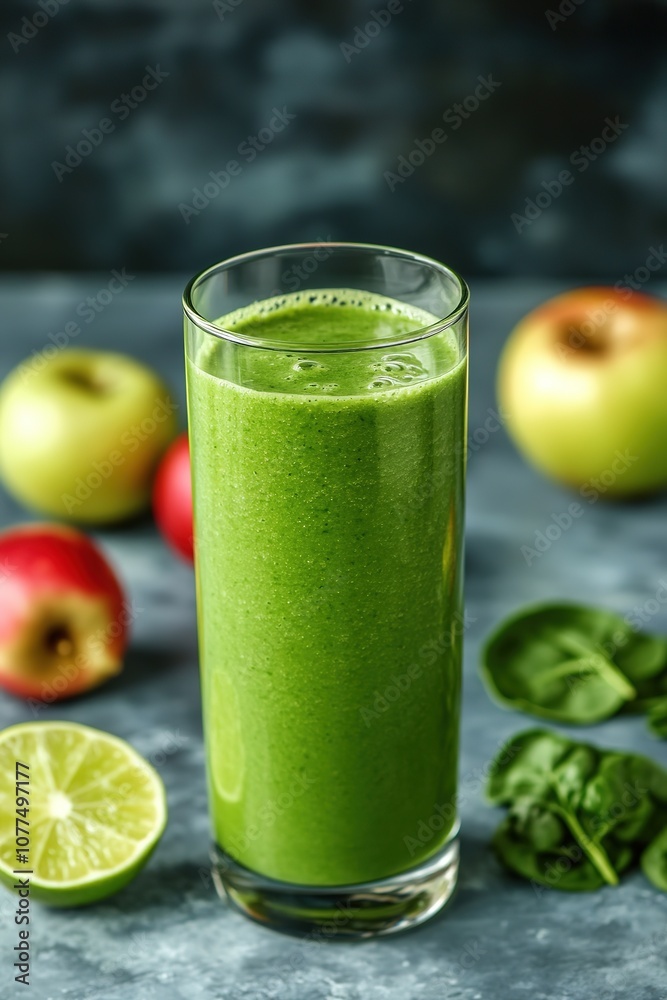 Fresh green smoothie in tall glass, apples, spinach, lime Fresh green smoothie in tall glass, apples, spinach, lime