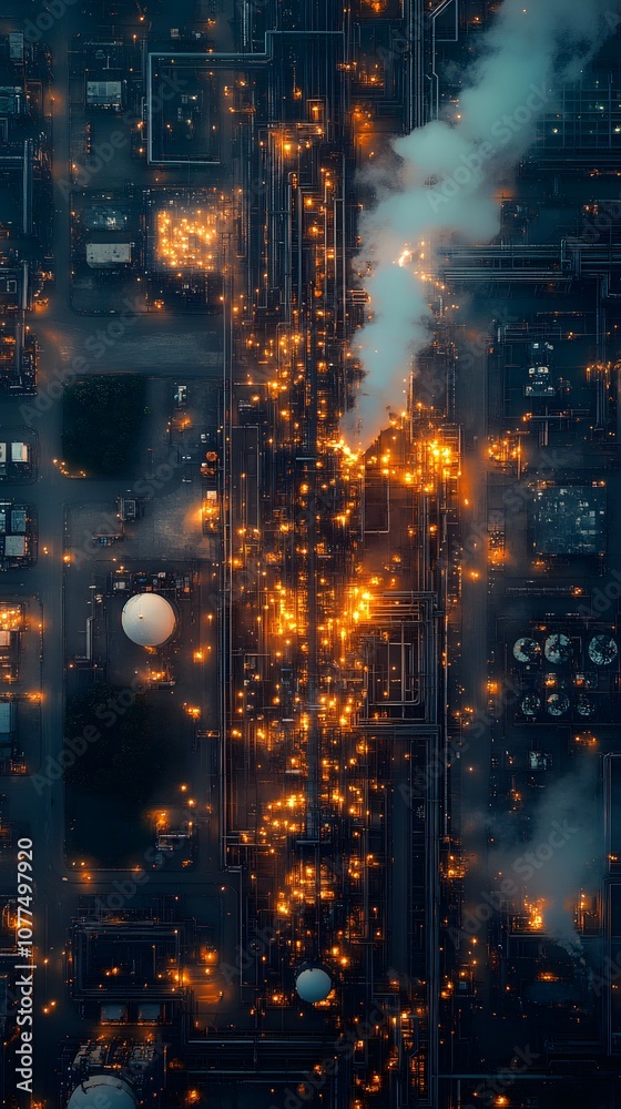 Fototapeta premium Aerial view of an industrial area with glowing lights and smoke, suggesting activity or fire.