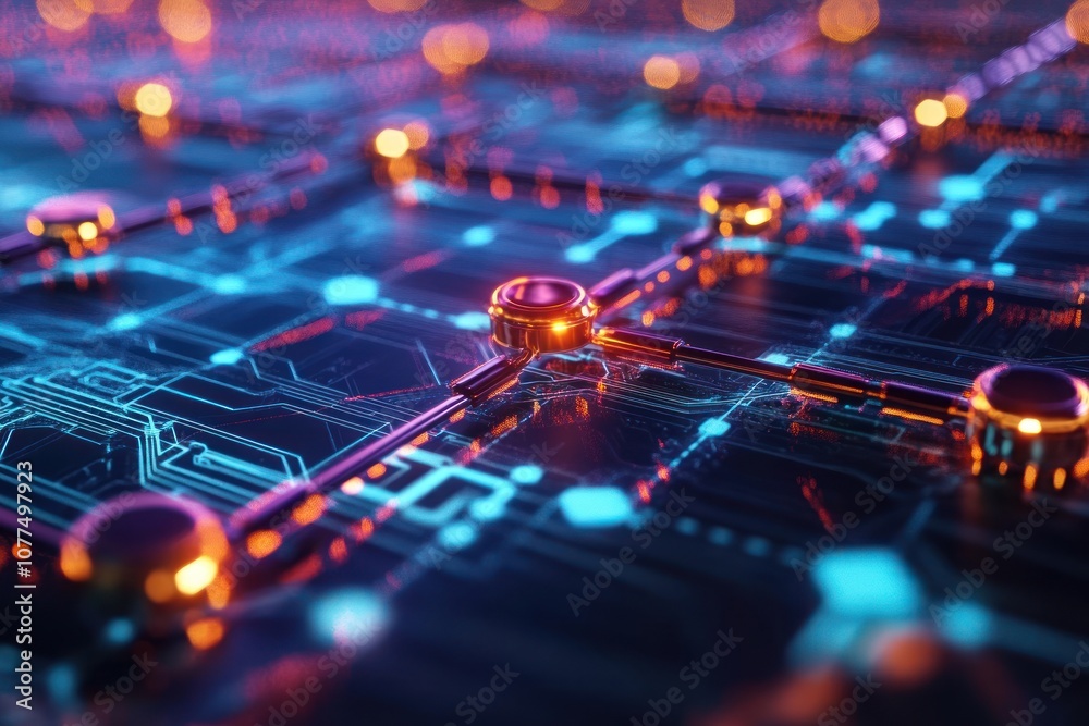 A close-up view of a circuit board with glowing lights and intricate wiring. A close-up view of a circuit board with glowing lights and intricate wiring.