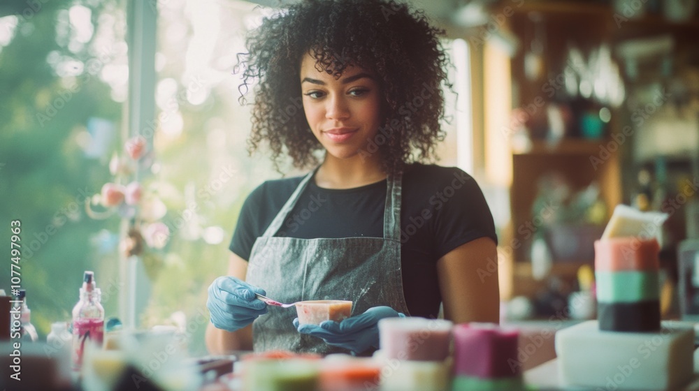 Young woman with curly hair demonstrating a step-by-step DIY soap-making tutorial, wearing an apron and gloves, surrounded by colorful soap bars and carefully measuring ingredients in a cozy workshop Young woman with curly hair demonstrating a step-by-step DIY soap-making tutorial, wearing an apron and gloves, surrounded by colorful soap bars and carefully measuring ingredients in a cozy workshop