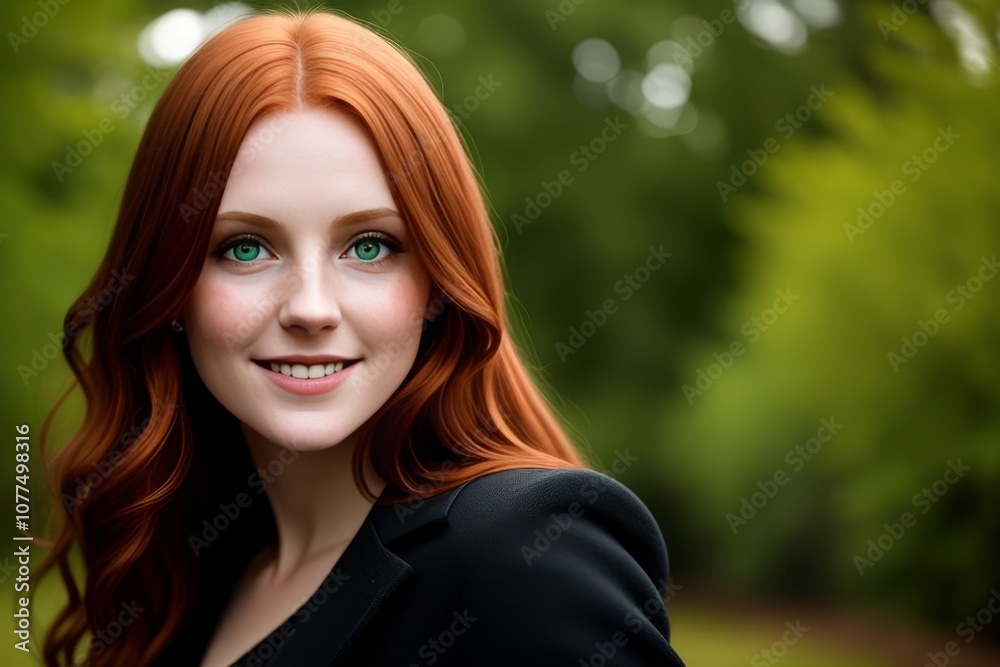 portrait young woman redhead smile looking at camera, park with tree on background portrait young woman redhead smile looking at camera, park with tree on background