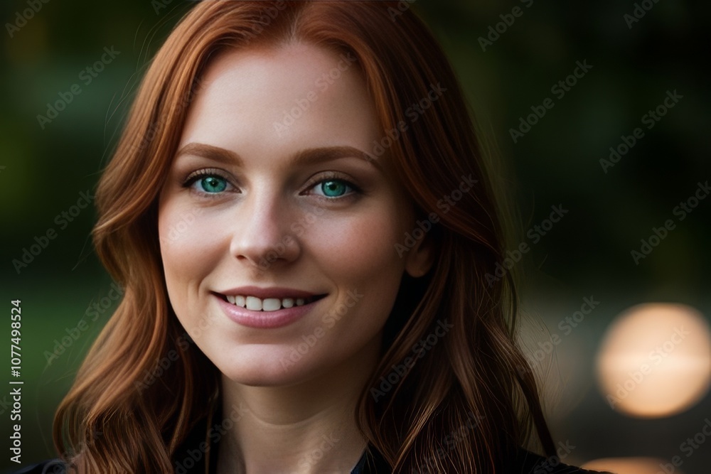 portrait young woman redhead smile looking at camera, park with tree on background portrait young woman redhead smile looking at camera, park with tree on background