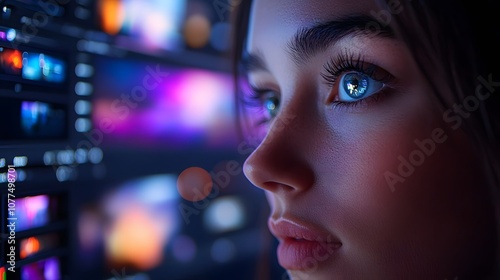 Close-up of a young person's face with expressive eyes, reflecting digital screens.