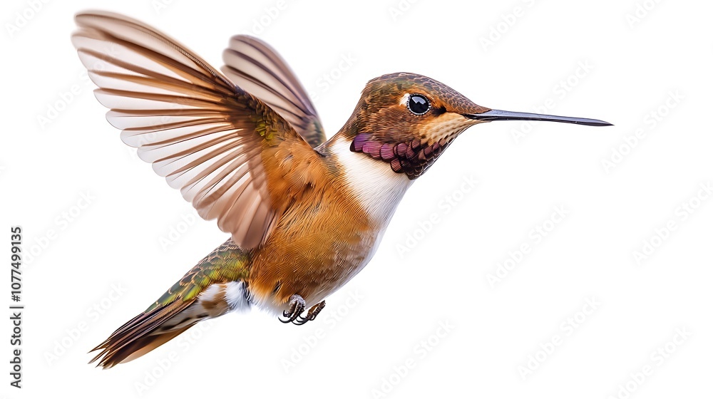 Fototapeta premium Brightly colored male rufous hummingbird perched on a white surface.
