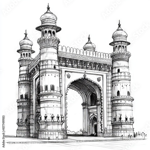 Hand drawn Hyderabad charminar on white background sketch 