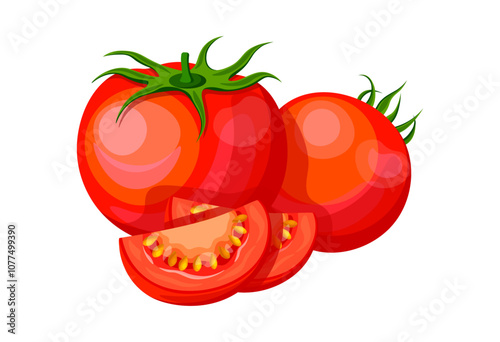 Composition of red tomatoes in cartoon style. Vector illustration of juicy tomatoes, whole and half sliced, with seeds, green stems isolated on a white background.Healthy food.Harvest.