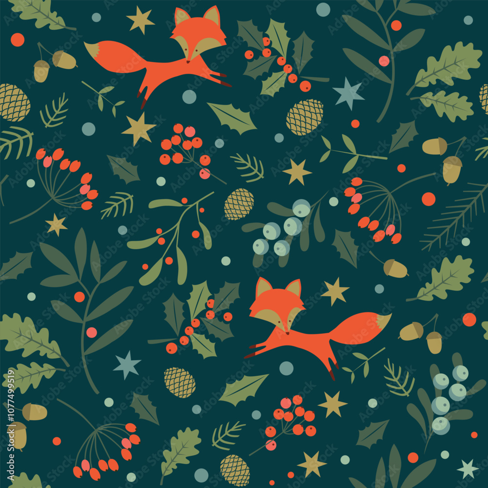 Fototapeta premium Christmas seamless pattern with fox, berries, leaves, cones, stars. 