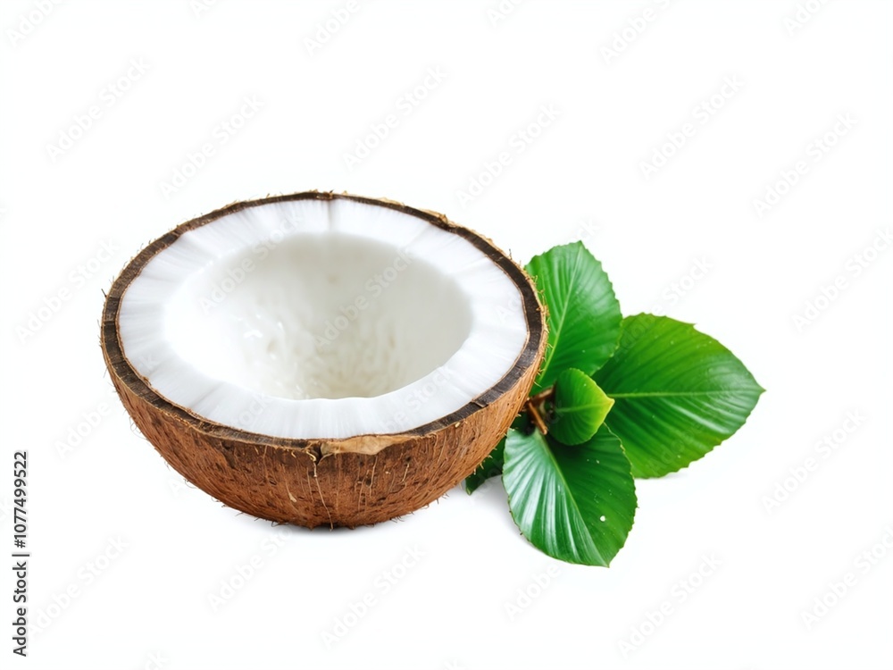Refreshing Coconut Water in Half Shell Surrounded by Green Leaves Against a Clean White Background Refreshing Coconut Water in Half Shell Surrounded by Green Leaves Against a Clean White Background