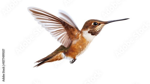 Vibrant male rufous hummingbird captured with white background contrast.