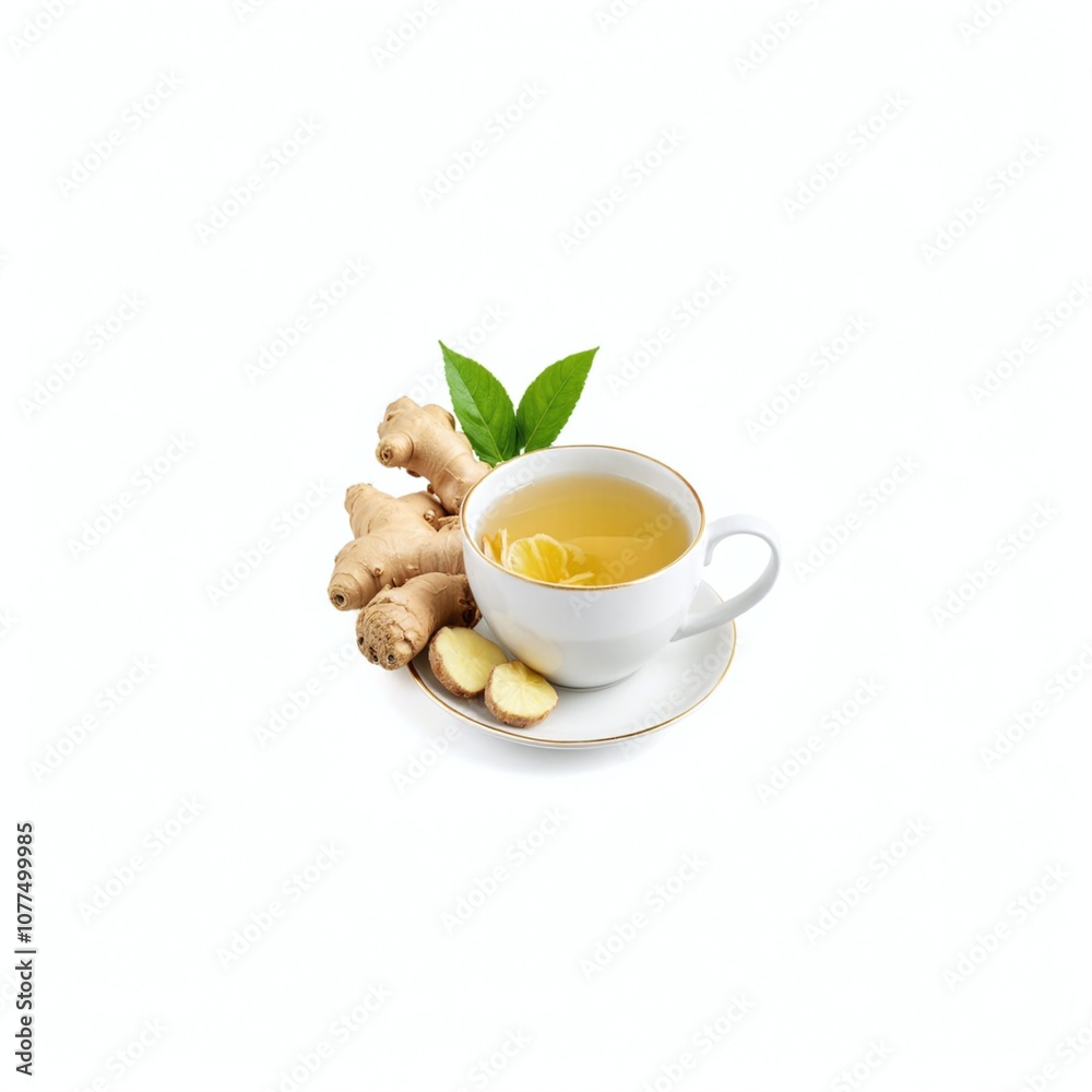 Refreshing Ginger Tea in a White Cup Surrounded by Fresh Ginger Root and Green Leaves on a Bright White Background Refreshing Ginger Tea in a White Cup Surrounded by Fresh Ginger Root and Green Leaves on a Bright White Background