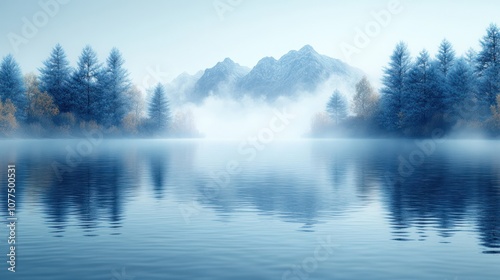 Tranquil morning mist over a lake, with snow-capped mountains in the distance and trees reflected in the water.