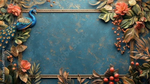 Indian wedding invitation on a table with peacock design 