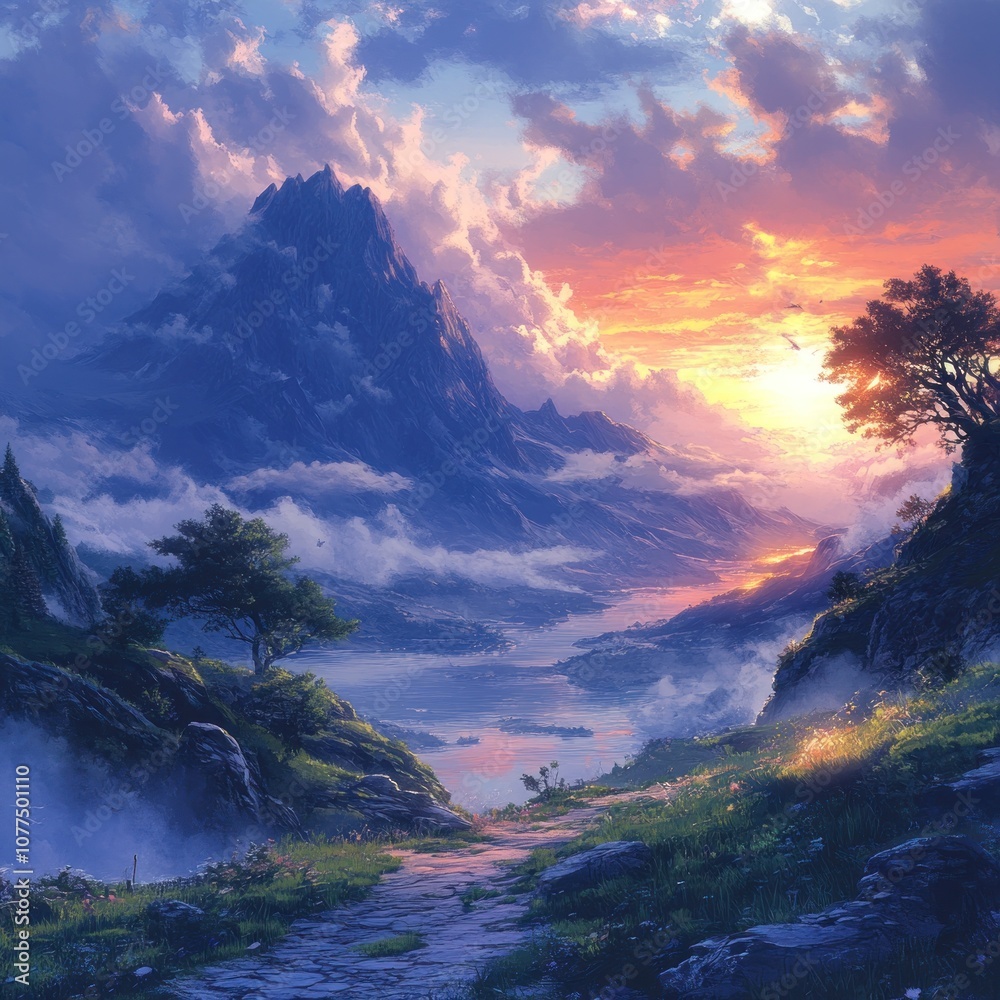 A winding path leads through a misty valley towards a majestic mountain range bathed in the golden glow of a setting sun. A winding path leads through a misty valley towards a majestic mountain range bathed in the golden glow of a setting sun.