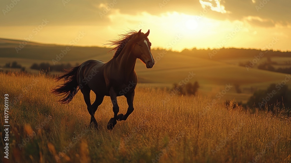 Black Friesian horse gallops on the hill in sunset, blurred background