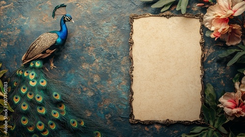Indian wedding invitation on a table with peacock design 