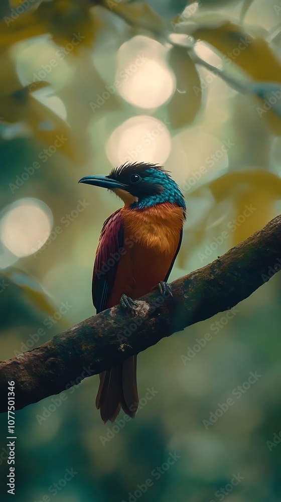 Fototapeta premium Stunning Rufous-tailed Jacamar perched in wild nature on a tree.