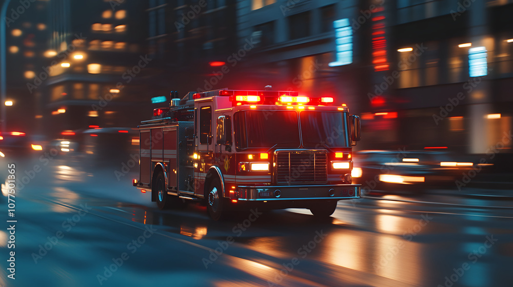 A powerful fire truck speeding through a city street at dusk with sirens on and lights flashing ready for action. A powerful fire truck speeding through a city street at dusk with sirens on and lights flashing ready for action.
