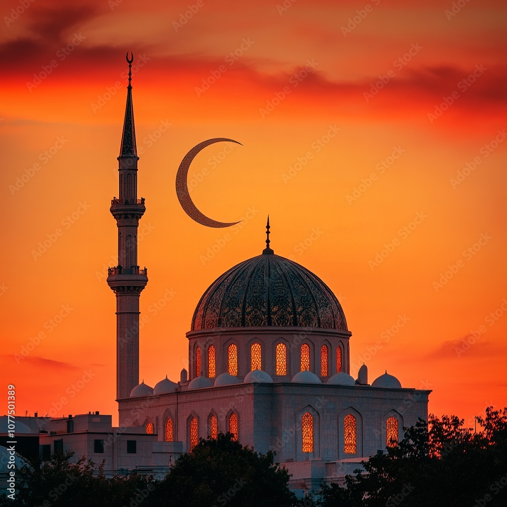 Fototapeta premium Mosque at sunset with crescent moon, orange-red sky, glowing windows