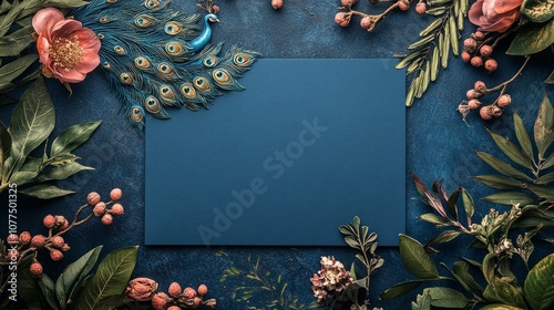 Indian wedding invitation on a table with peacock design 