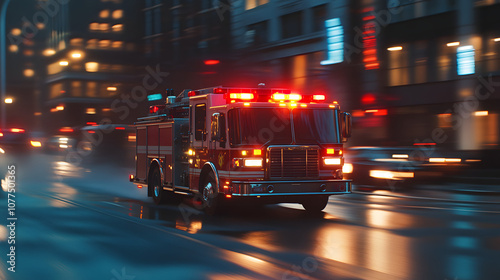 A powerful fire truck speeding through a city street at dusk with sirens on and lights flashing ready for action.